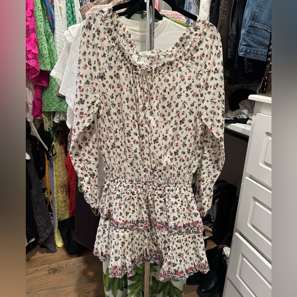 LoveShackFancy Floral Mini Dress in White and Pink